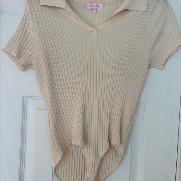 Pink Lily Tops - Pink Lily Beige Ribbed Bodysuit
